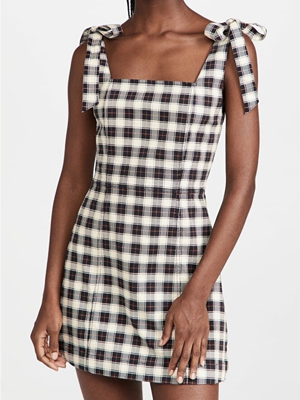 Alice + Olivia Maryann Tie Shoulder Mini Dress Shaw Plaid Antique White 0